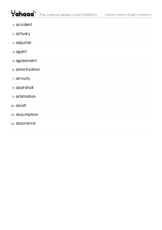 Common Nouns in English: insurance 1 PDF words glossary