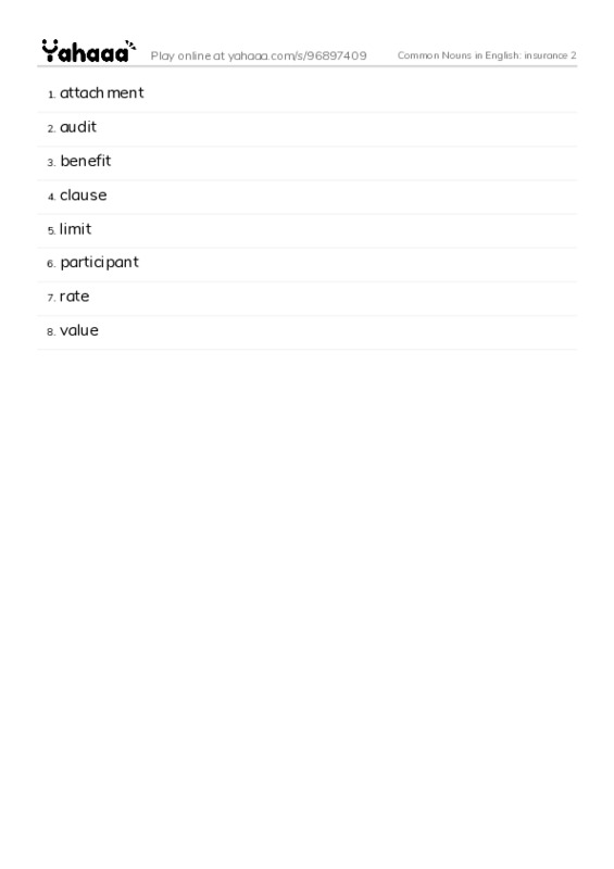 Common Nouns in English: insurance 2 PDF words glossary