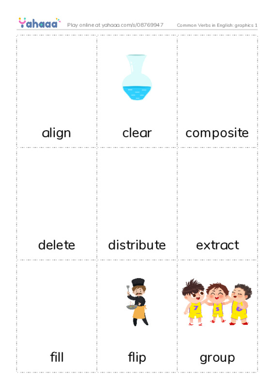 Common Verbs in English: graphics 1 PDF flaschards with images