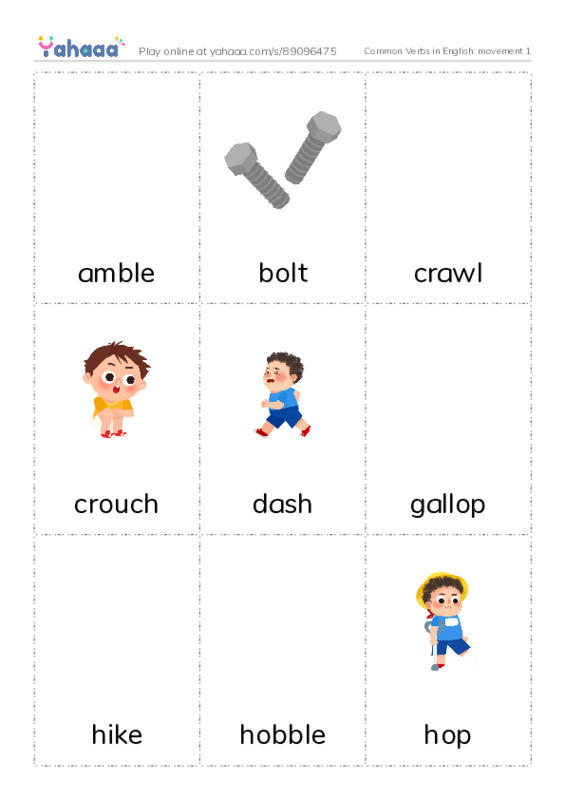 Common Verbs in English: movement 1 PDF flaschards with images