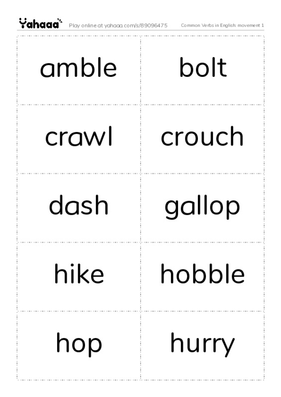 Common Verbs in English: movement 1 PDF two columns flashcards