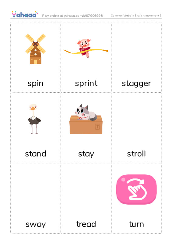 Common Verbs in English: movement 3 PDF flaschards with images