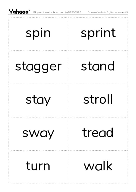 Common Verbs in English: movement 3 PDF two columns flashcards