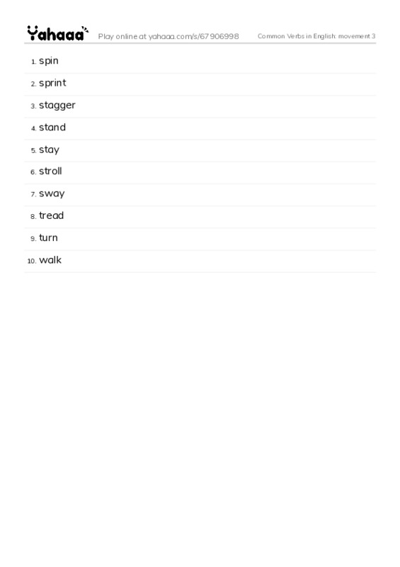 Common Verbs in English: movement 3 PDF words glossary