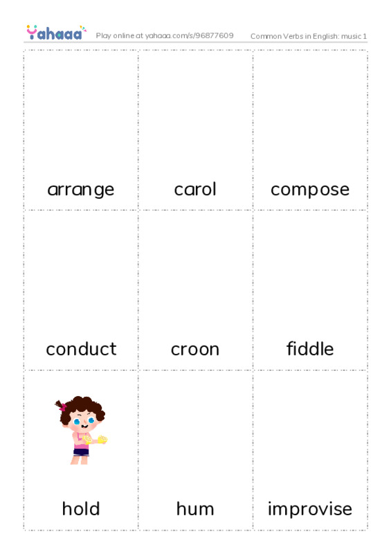 Common Verbs in English: music 1 PDF flaschards with images