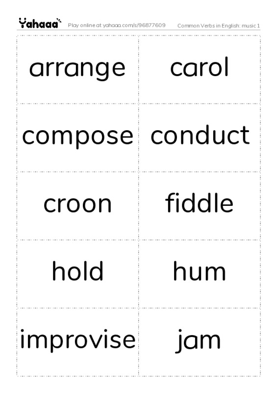 Common Verbs in English: music 1 PDF two columns flashcards