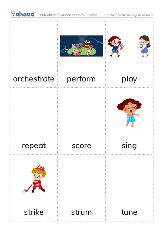 Common Verbs in English: music 2 PDF flaschards with images