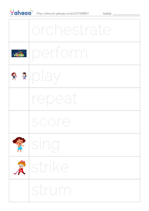 Common Verbs in English: music 2 PDF one column image words