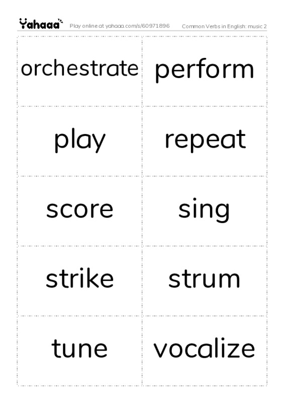 Common Verbs in English: music 2 PDF two columns flashcards