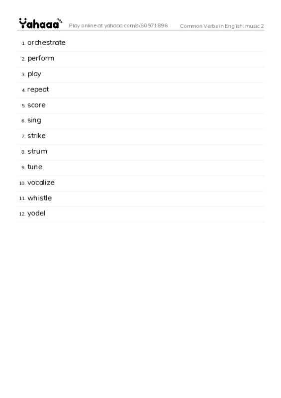 Common Verbs in English: music 2 PDF words glossary