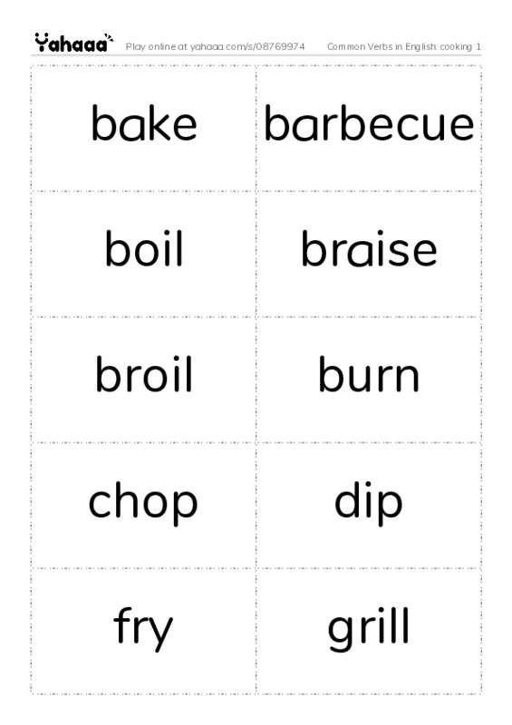 Common Verbs in English: cooking 1 PDF two columns flashcards