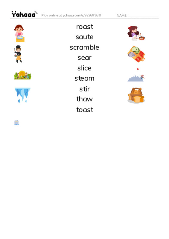 Common Verbs in English: cooking 2 PDF three columns match words