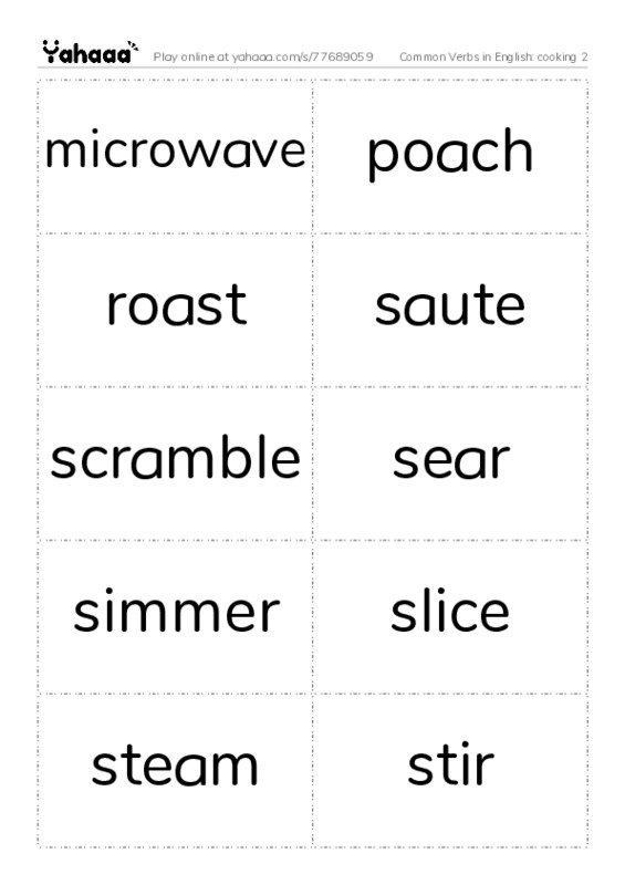 Common Verbs in English: cooking 2 PDF two columns flashcards
