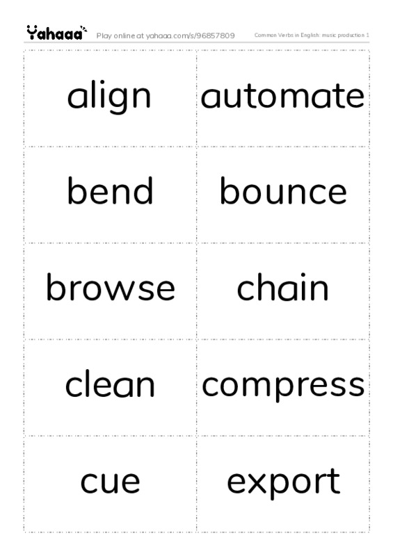 Common Verbs in English: music production 1 PDF two columns flashcards