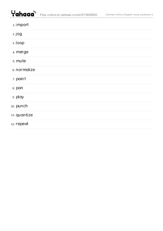 Common Verbs in English: music production 2 PDF words glossary