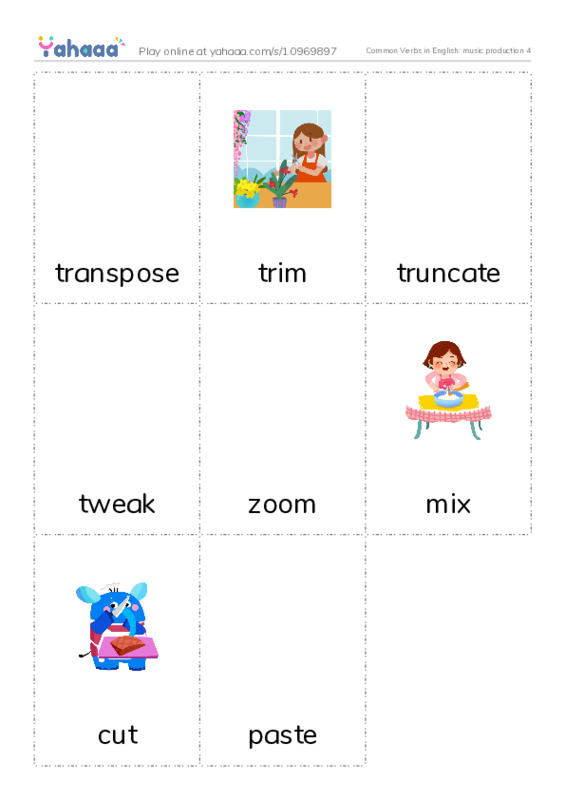 Common Verbs in English: music production 4 PDF flaschards with images
