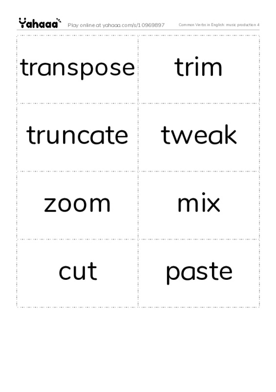 Common Verbs in English: music production 4 PDF two columns flashcards