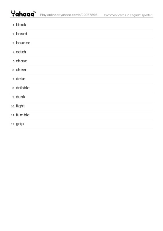 Common Verbs in English: sports 1 PDF words glossary