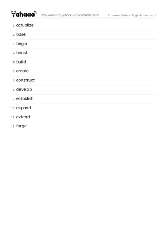 Common Verbs in English: creation 1 PDF words glossary