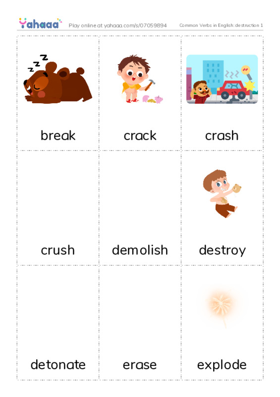 Common Verbs in English: destruction 1 PDF flaschards with images