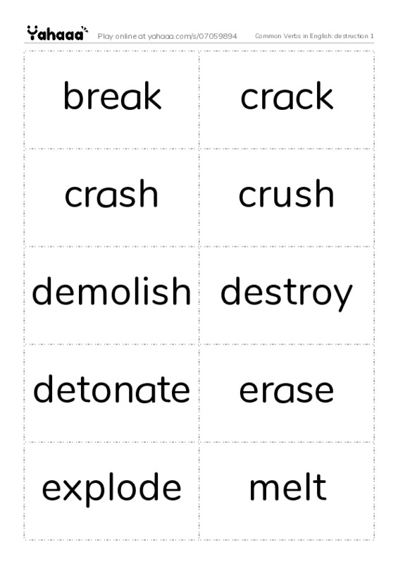 Common Verbs in English: destruction 1 PDF two columns flashcards