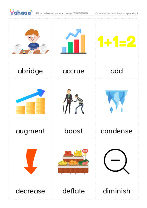 Common Verbs in English: quantity 1 PDF flaschards with images
