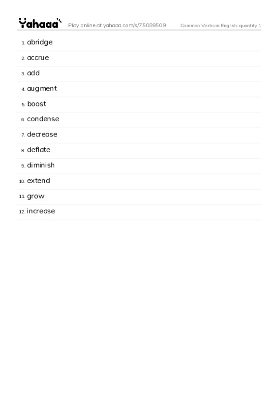 Common Verbs in English: quantity 1 PDF words glossary