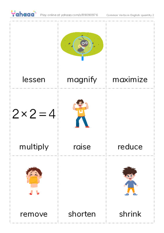 Common Verbs in English: quantity 2 PDF flaschards with images