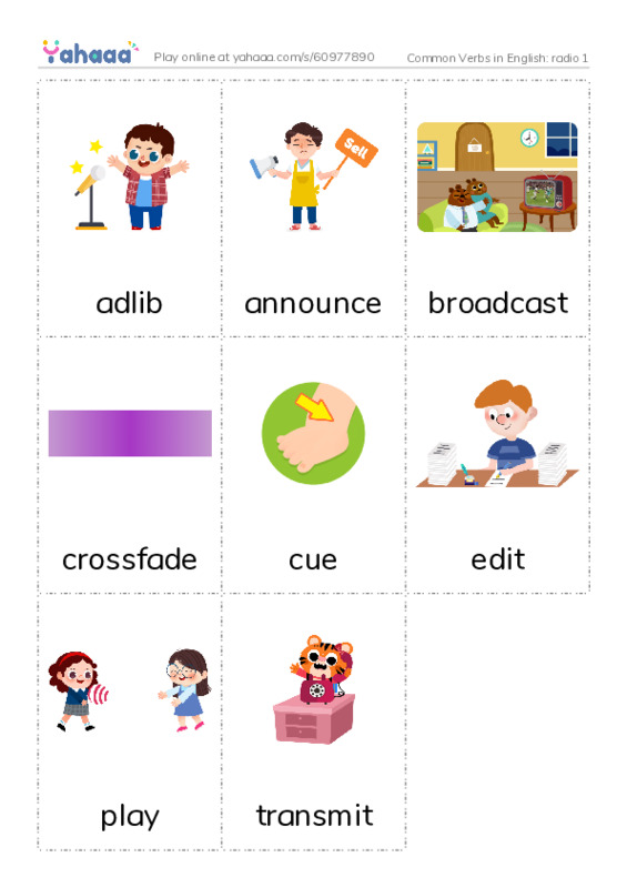 Common Verbs in English: radio 1 PDF flaschards with images