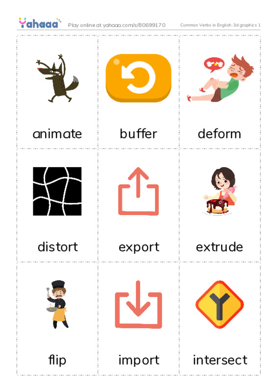Common Verbs in English: 3d graphics 1 PDF flaschards with images