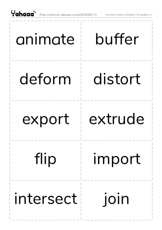 Common Verbs in English: 3d graphics 1 PDF two columns flashcards