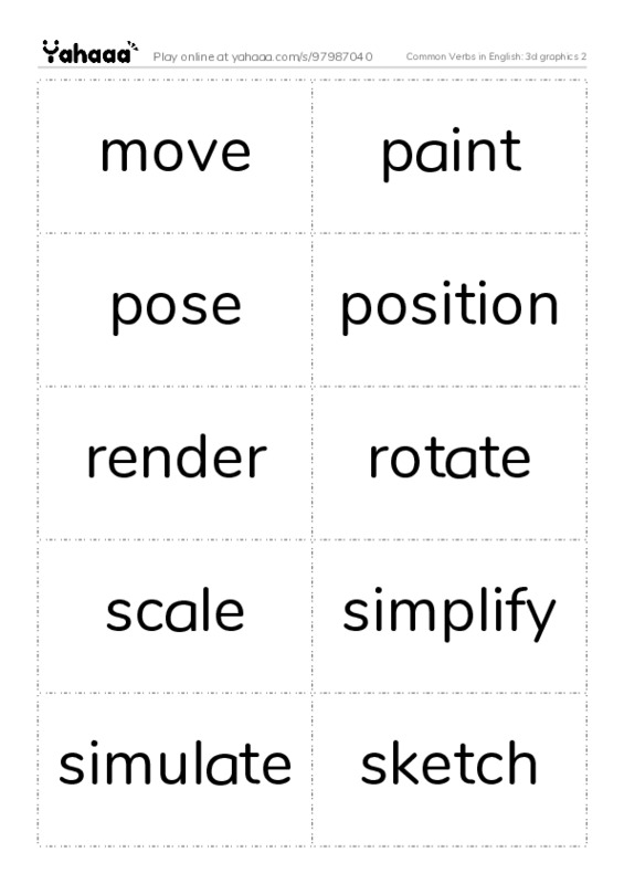 Common Verbs in English: 3d graphics 2 PDF two columns flashcards