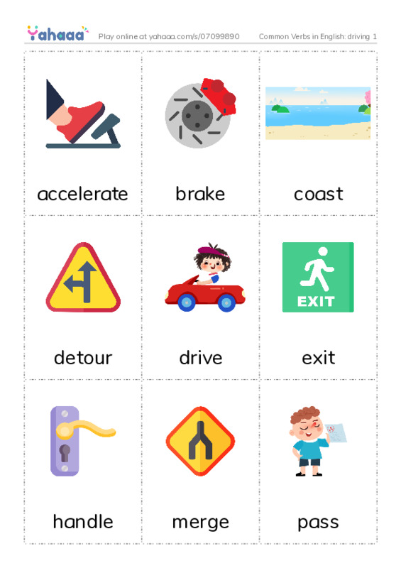 Common Verbs in English: driving 1 PDF flaschards with images