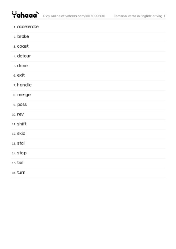 Common Verbs in English: driving 1 PDF words glossary