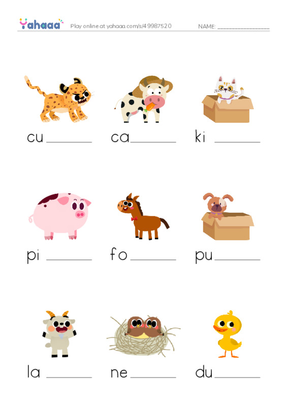 Young Animals PDF worksheet to fill in words gaps