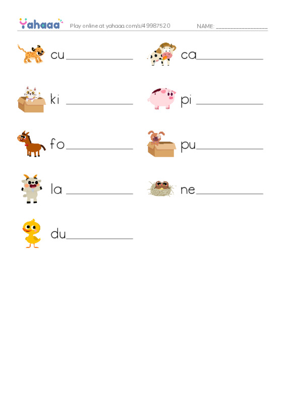 Young Animals PDF worksheet writing row