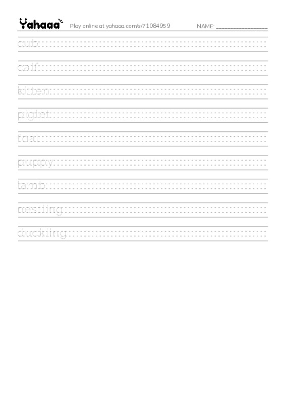 Young Animals PDF write between the lines worksheet