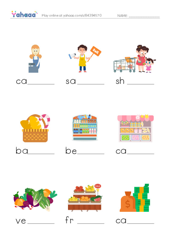 go to the supermarket PDF worksheet to fill in words gaps