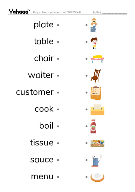 Restaurant PDF link match words worksheet