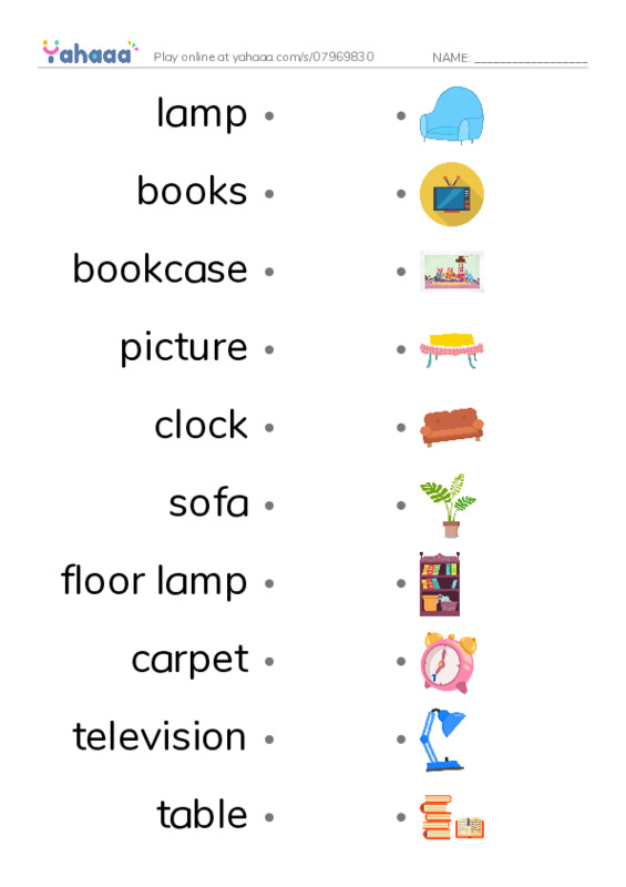 LIving Room PDF link match words worksheet