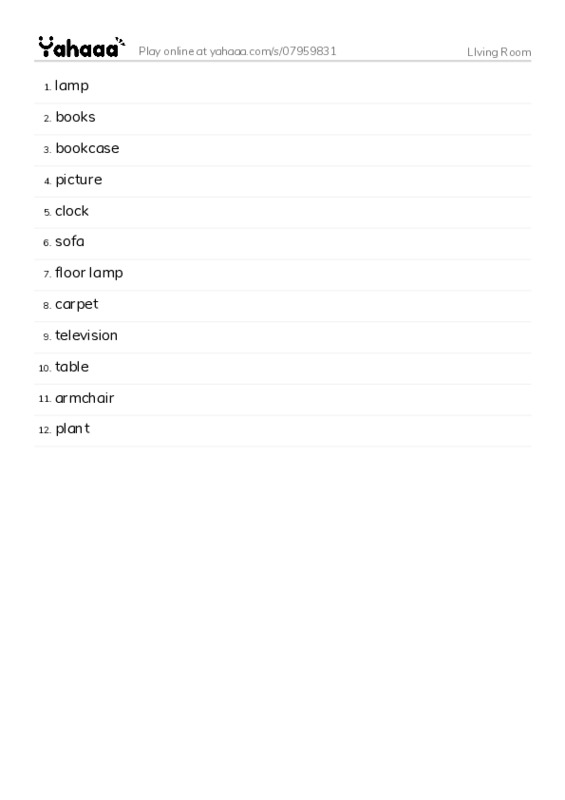 LIving Room PDF words glossary