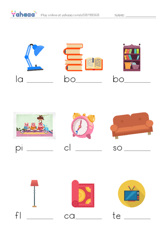 LIving Room PDF worksheet to fill in words gaps