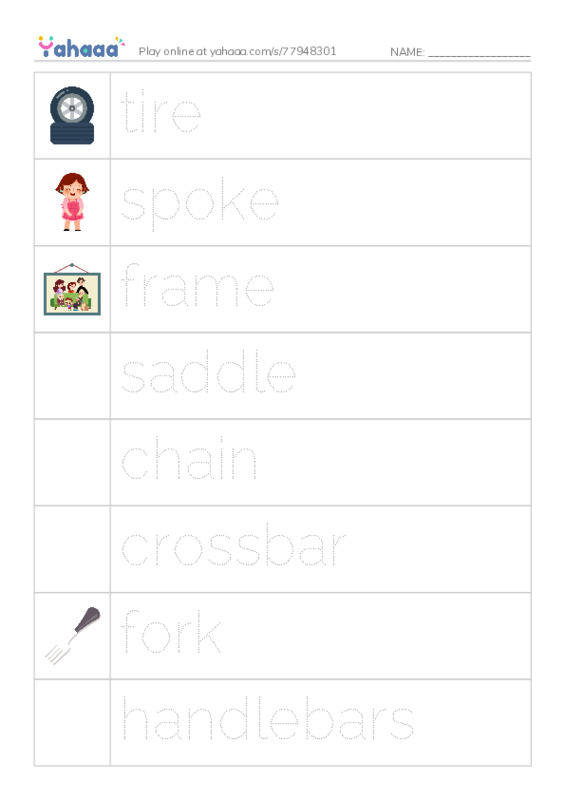 Parts of a bicycle PDF one column image words
