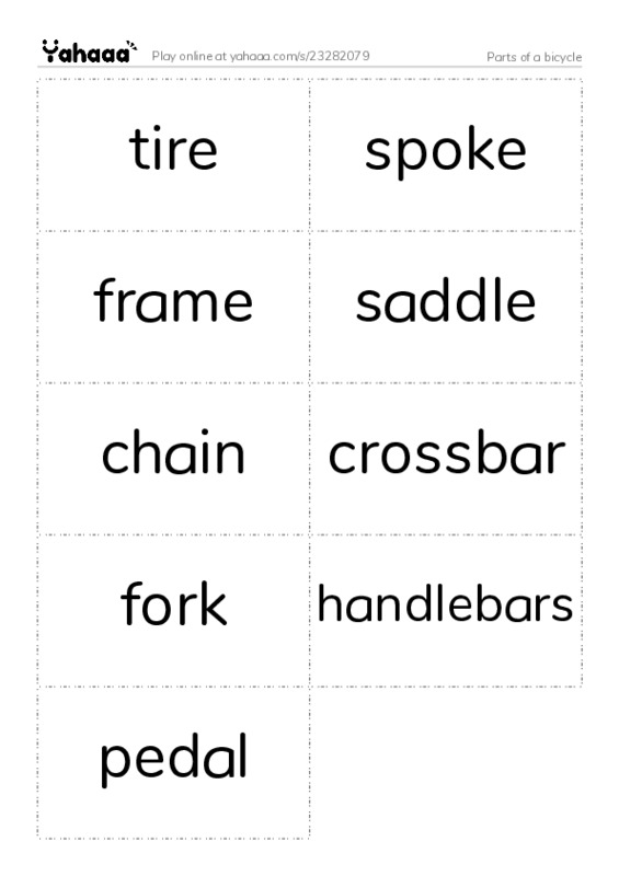 Parts of a bicycle PDF two columns flashcards