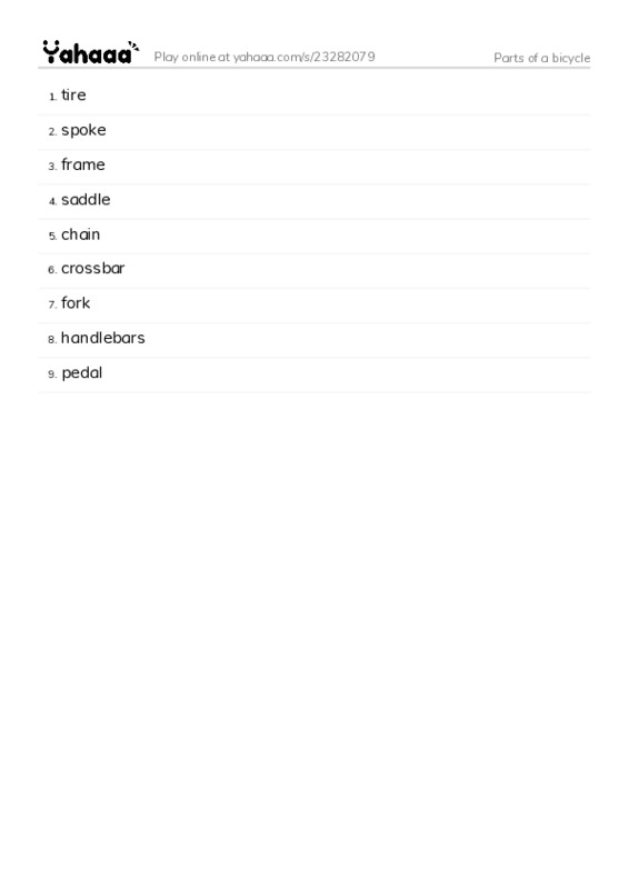 Parts of a bicycle PDF words glossary