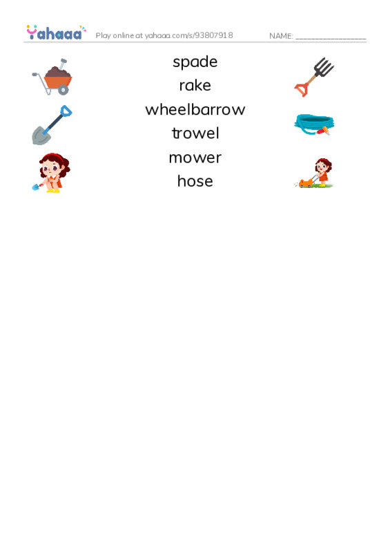 garden tools PDF three columns match words