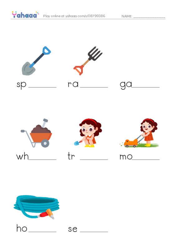 garden tools PDF worksheet to fill in words gaps