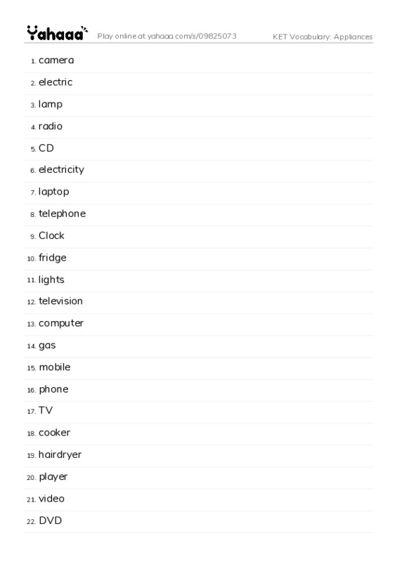 KET Vocabulary: Appliances PDF words glossary