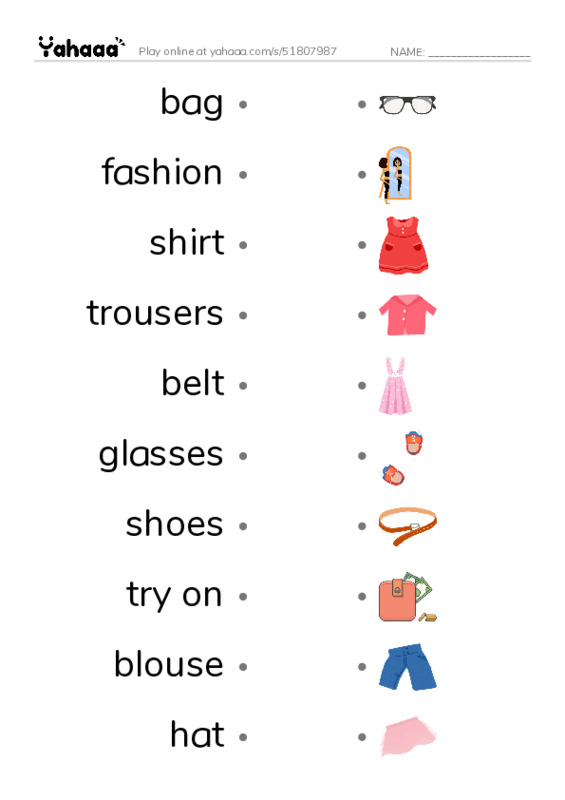 KET Vocabulary: Clothes and Accessories PDF link match words worksheet
