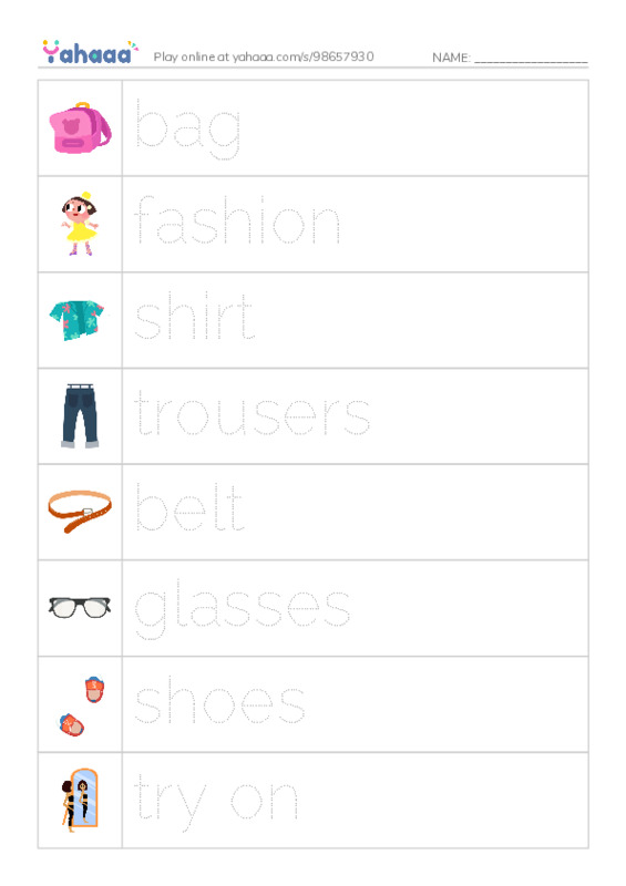KET Vocabulary: Clothes and Accessories PDF one column image words
